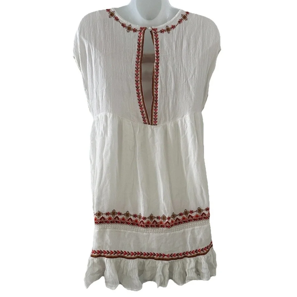 Free People Dress XS Sunrise Wanderer Mini Dress Embroidered Floral Boho Peasant